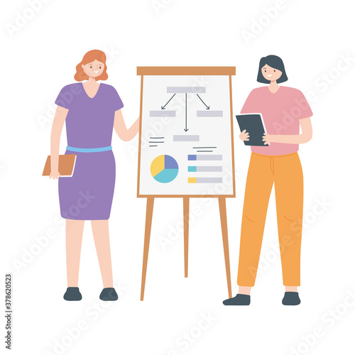 coworking, people working center office space with board presentation