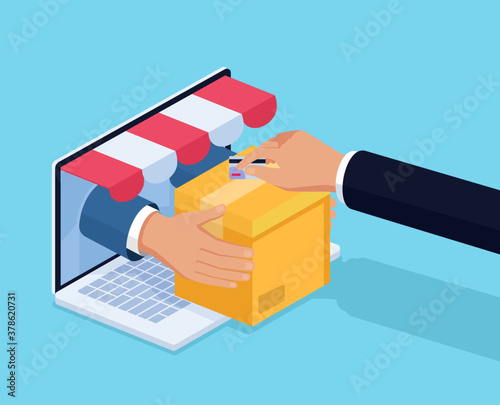 Business man hand hold credit card to shopping internet online bill on computer, Shopaholic people retail pay sale money, bank terminal account concept vector illustration
