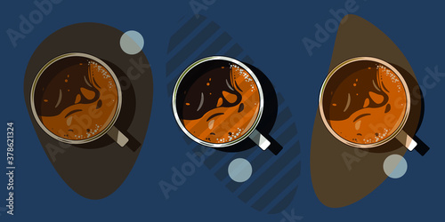 3d realistic vector illustration of white cup of aromatic coffee with froth top view.Trendy popular design cappuccino, americano, espresso, mocha, latte, cocoa