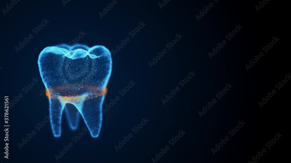 Isolated rotating tooth costructed with glowing points and orange scanning line analyze dental structurefrom top to bottom. Digital tooth anatomy model. Oral health care concept.