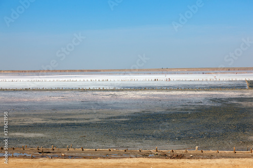 Rose salt lake Sivash. Production of salt  brine  therapeutic mud for spa salons. Ukraine Kherson region village Priozernoe