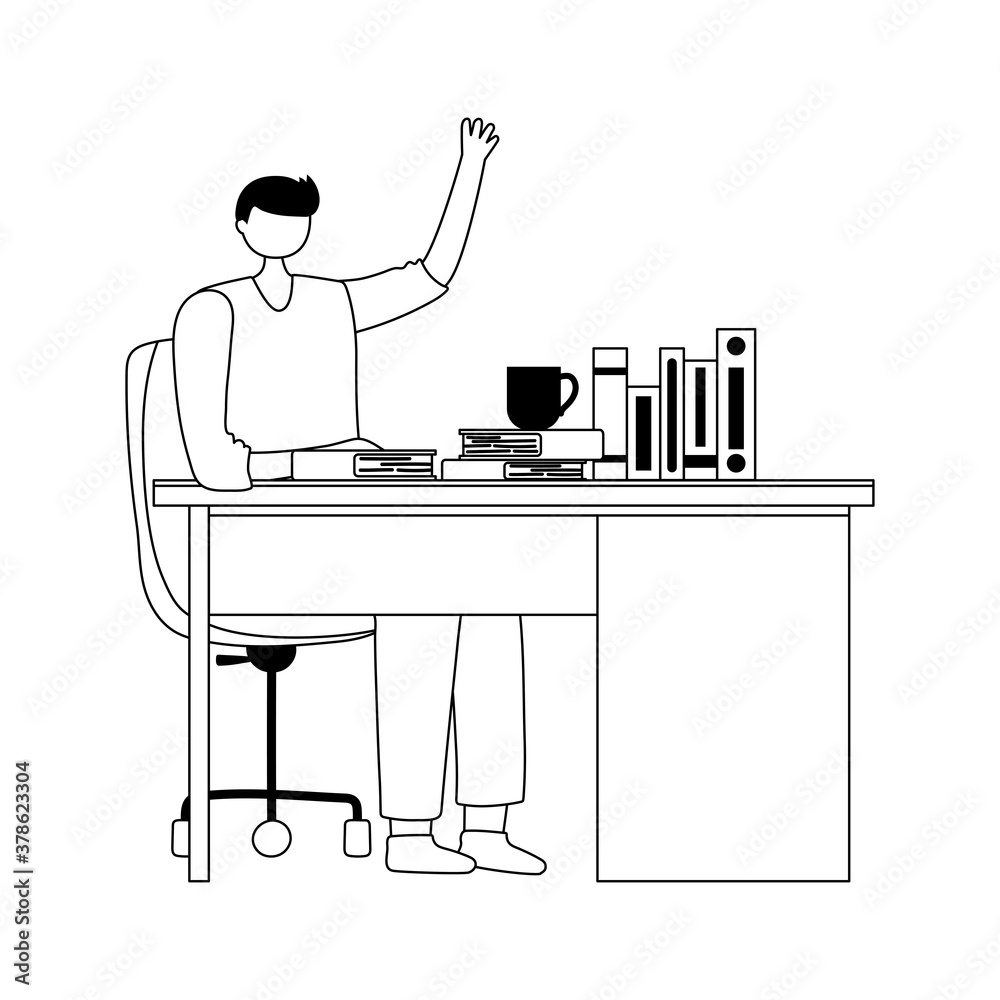 man working at desk with books and coffee cup isolated design white background line style
