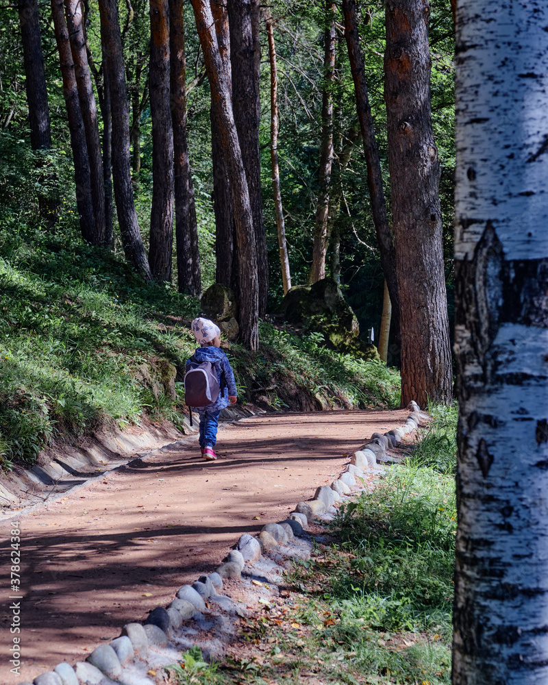 Three year old girl travels in the mountains with a backpack, beautiful views and park paths.