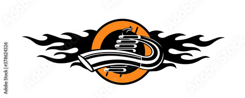 Motorcycle club logo with fiery flame and motor. Vector illustration photo