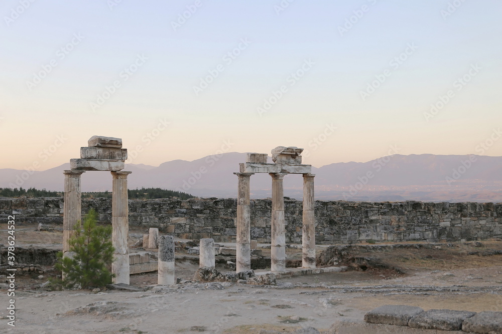 antique columns in Pamukkale park Turkey