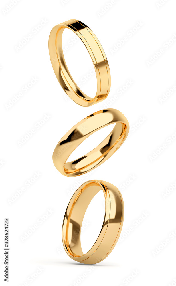 Gold rings from yellow gold fly. Vertical format. 3d render illustration Gold rings from yellow gold fly. Vertical format. 3d render illustration