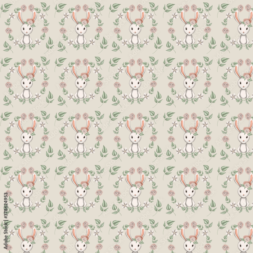 lovely bunnies with flowers seamless pattern design wrapping paper