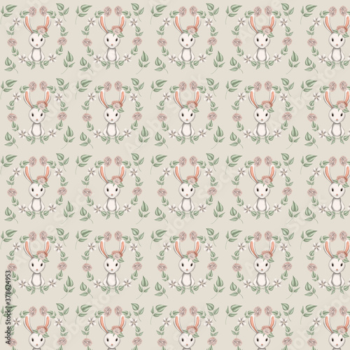 Fototapeta Naklejka Na Ścianę i Meble -  lovely bunnies with flowers seamless pattern design wrapping paper