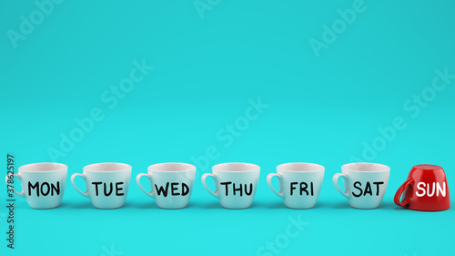 Working week concept. White weekday coffee cups and festive red cup turned upside down