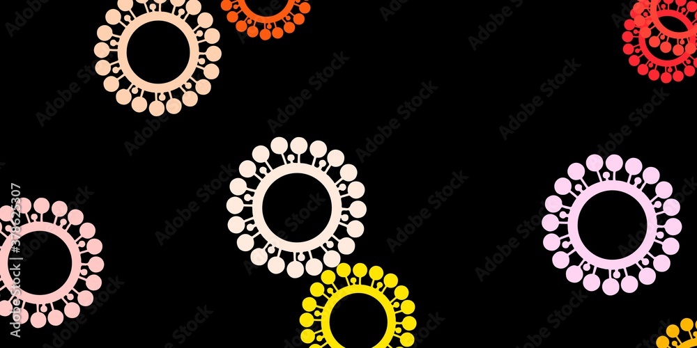 Dark pink, yellow vector pattern with coronavirus elements.