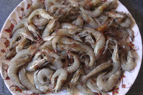 Raw shrimp on the plate ready for sale shrimp on the plate for delicious food preparation