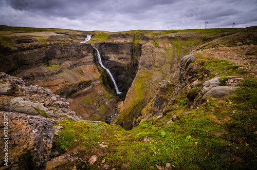 The photo shows beautiful Haifoss waterfall in the Iceland. It is the second largest waterfall in the Iceland.