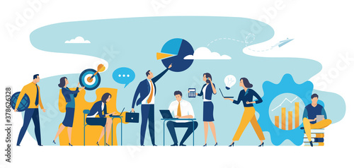 Team cooperation concept. Large group wide format. Business vector illustration. 

