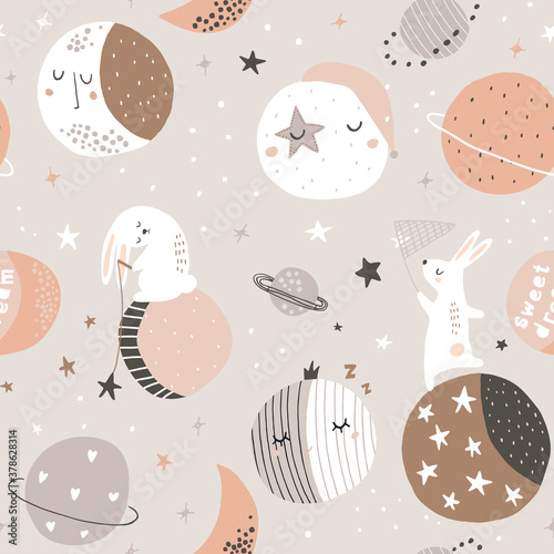 Seamless childish pattern with catching stars cute bunnies characters, planets, moon, stars. Vector illustration