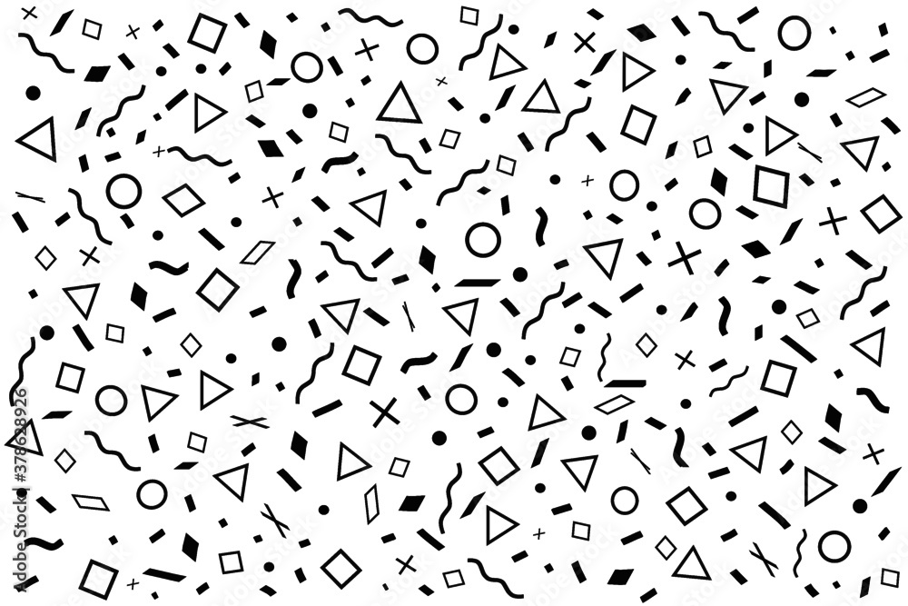 Abstract geometric memphis style icons vector set, simple shapes pattern in black and white color. Monochrome simple seamless mosaic ornamental vector design, minimalist geometric pattern print Abstract geometric memphis style icons vector set, simple shapes pattern in black and white color. Monochrome simple seamless mosaic ornamental vector design, minimalist geometric pattern print