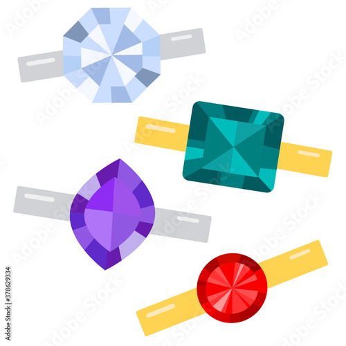 Vector jewelry. Gold, silver, platen rings with different gemstones ruby, diamonds, sapphire, sapphire, amethyst. Flat illustration isolated on a white background.