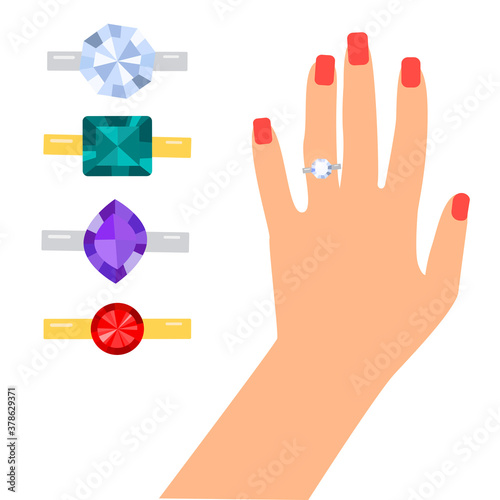 Female hand with a wedding ring. Vector flat illustration isolated on white background.Different rings with a precious stone .