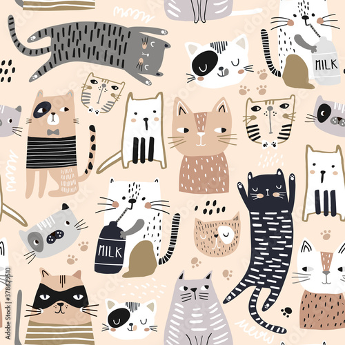 Seamless childish modern pattern with cute hand drawn cats. Creative kids hand drawn texture for fabric, wrapping, textile, wallpaper, apparel. Vector illustration
