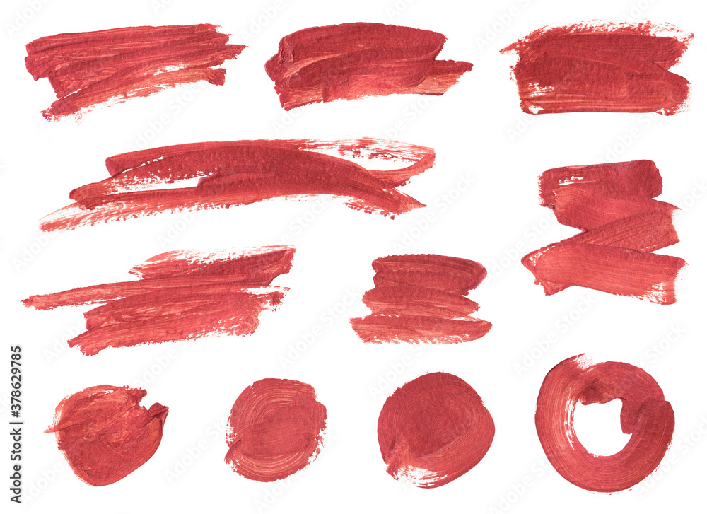 Fototapeta premium set of brush trace from bronze paint or lipstick circles and horizontal brush strokes