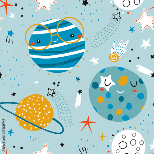 Seamless childish pattern with funny planet characters. Trendy space texture for fabric, apparel, textile, wallpaper. Vector illustration