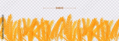 Wheat ears horizontal seamless border in paper style. 3d farming with barley harvest element for farm banner design. Golden spikelets in a row with the shade papercut vector illustration of origami
