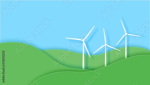 Agriculture field with hills and windmill eco energy in paper cut style. 3d farm landscape with green waves and blue sky. Creative vector illustration ecology and environment conservation concept