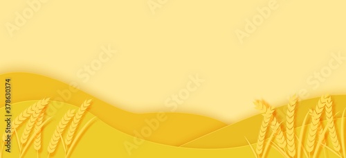 Agriculture field with spikelets of wheat and hills in papercut style. 3D autumn landscape with yellow paper cut meadow. Creative vector illustration of environmental conservation and farm concept