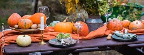 Fall themed holiday table setting arrangement for a seasonal party  banner