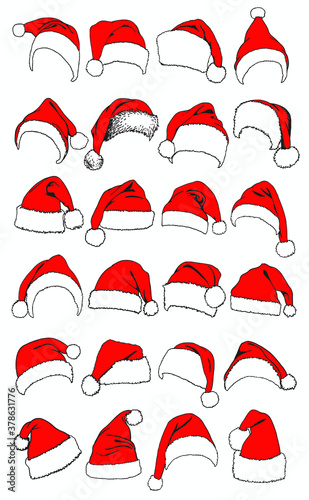 Graphical set of red Santa Claus hats isolated on white background,vector illustration
