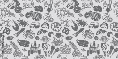 Seamless food pattern. Vector doodle with food icons. Background elements for menu, cafe, shop. Outline, Silhouette