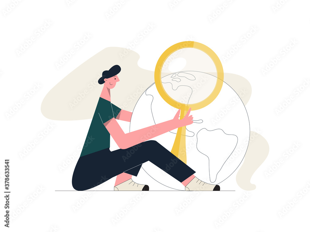 Research concept. A young male character studies the earth with a magnifying glass. Man investigates and checks the facts. Global world information. Flat vector illustration isolated on white 