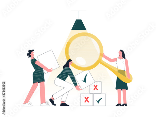 Fact check concept. Young female characters research information. Women are investigating. True, untrue and fakes. Girls teamwork. Flat vector illustration isolated on white background