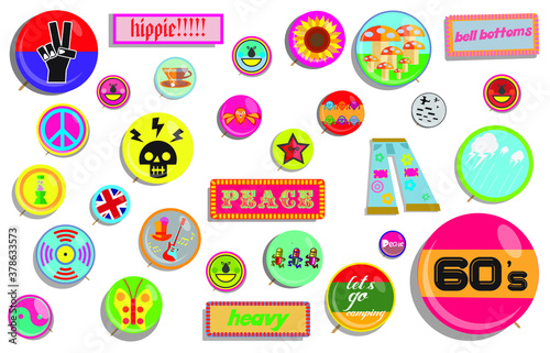 set of 1960's pins buttons and patches. bright colors fun cool and groovy