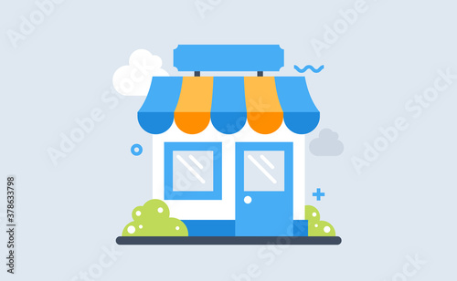Shop flat line art design vector illustration, small retail shop building front view isolated on white background