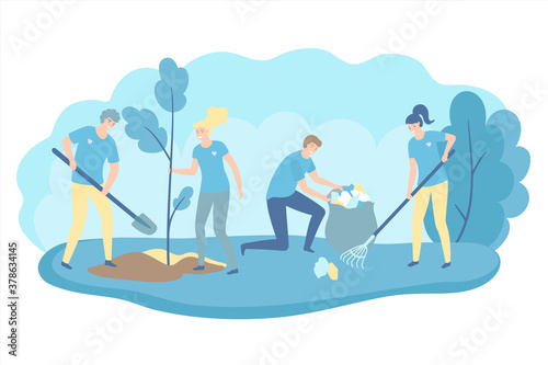 Volunteers cooperating together and cleaning up a city park, they are collecting and separating waste, environmental protection concept. Vector flat illustration.