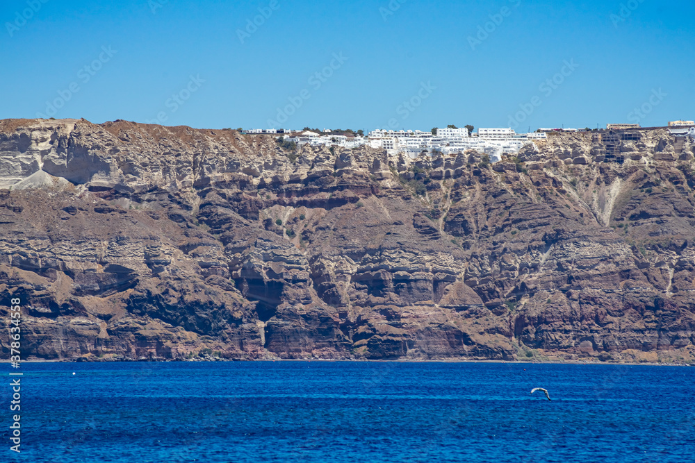 Panoramic overview of Santorini, Thira, Greece, over the Caldera, Aegean sea.