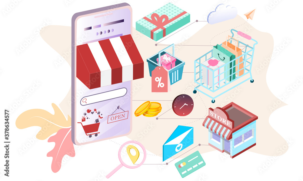 Landing page of 3d isometric online shopping on websites or mobile applications concepts of vector e-commerce and digital marketing. Isometric background illustration for banner online store promotion