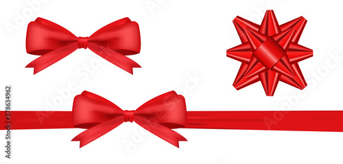 Realistic Red bow and horizontal ribbon shiny satin for decoration gifts, greetings, holidays. Stock vector illustration isolated on white background.