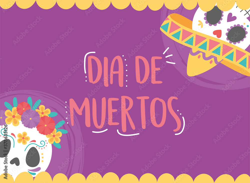 Fototapeta premium day of the dead, skulls wiht hat and flowers invitation card, mexican celebration