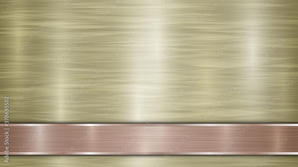 Background consisting of a golden shiny metallic surface and one horizontal polished bronze plate located below, with a metal texture, glares and burnished edges - obrazy, fototapety, plakaty 