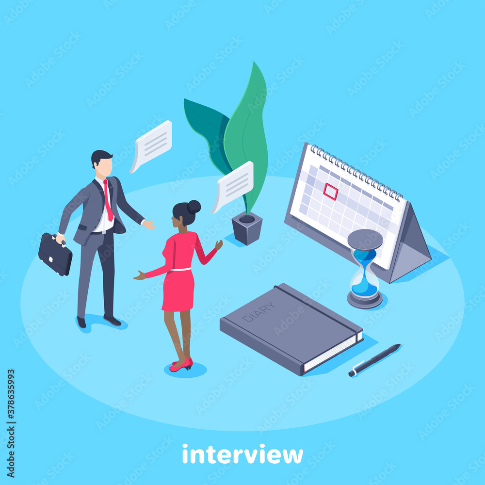 isometric vector image on a blue background, a man in a business suit communicates with a woman in a red dress, a scheduled meeting or interview