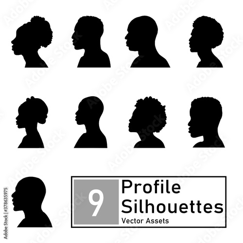 set of 9 silhouettes from profile view