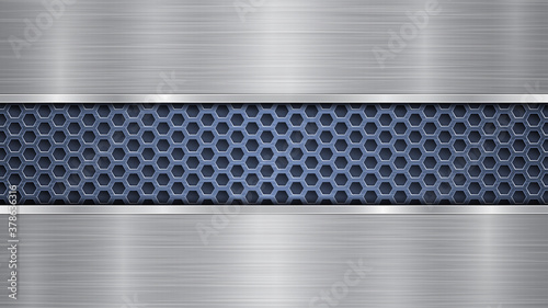 Background of blue perforated metallic surface with holes and two horizontal silver polished plates with a metal texture, glares and shiny edges