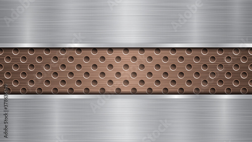 Background of bronze perforated metallic surface with holes and two horizontal silver polished plates with a metal texture, glares and shiny edges