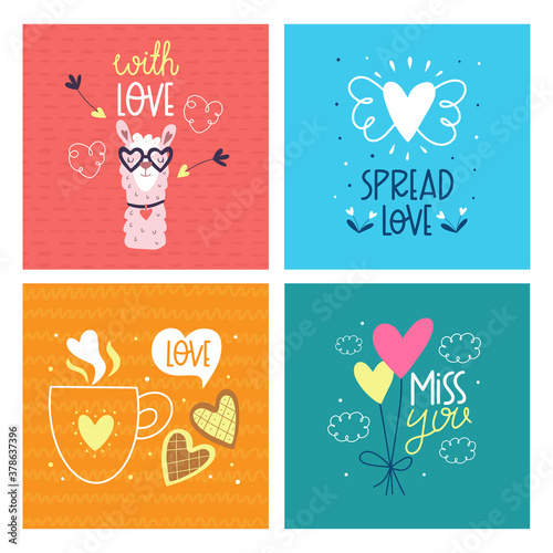 Set of Valentine's Day greeting cards. Design for valentine and wedding. Template for greetings, scrapbooking, invitations, stickers, planners. Vector illustrations.