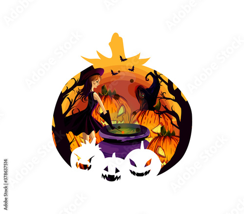 stylized Halloween poster design. Image of a cute witch cooking a potion  surrounded by pumpkins, cats and bats in a dark fairy-tale forest. Perfect for postcards, flyers, invitations. EPS10
