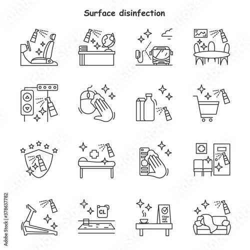 Surface disinfection line icons set. Sanitizing at home, office and more. Safety space and preventive measures. Preventing virus spread concept. Isolated vector illustrations. Editable stroke