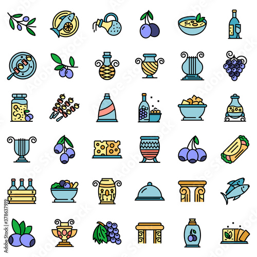 Greece food icons set. Outline set of greece food vector icons thin line color flat on white