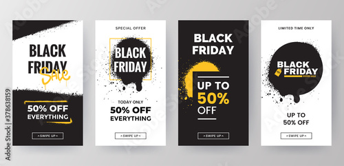 Black Friday sale social media stories template collection. Sale banners design in grunge style. Backgrounds for mobile app screen with graffiti paint splashes. Vector Eps 10.