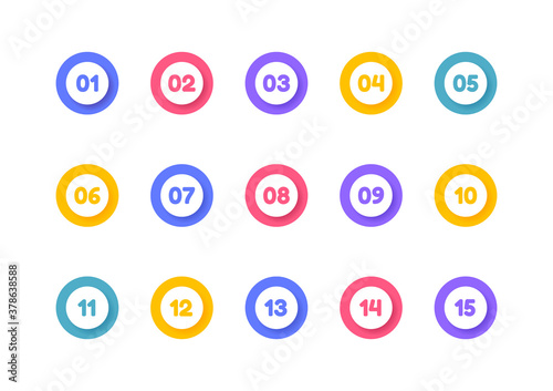 Super set bullet point on white background. Colorful markers with number from 1 to 15. Modern vector illustration